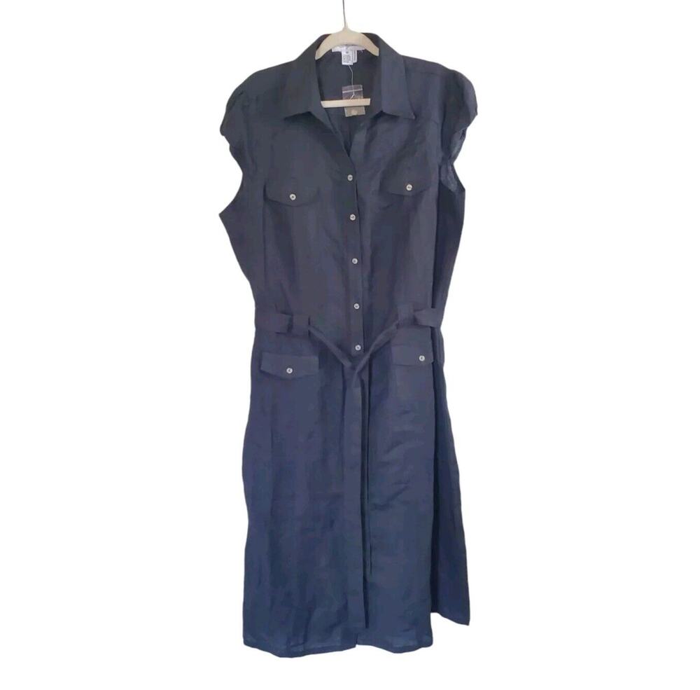 EY Signature Linen Blend Black Traditional Belt Buttondown Midi Dress, Plus 3X
